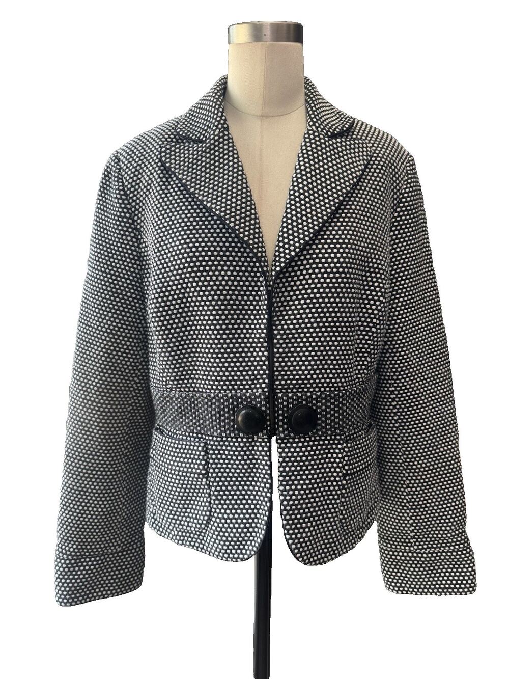 WHBM Black White Polka Dot Blazer Women's 12/14 Cotton Cropped Notch Lapel